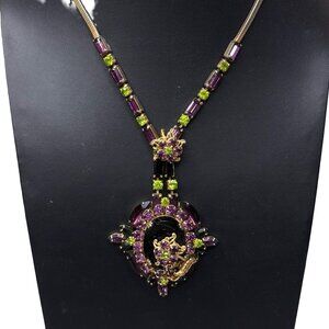 Juliana Vintage Purple & Green Rhinestone Statement Necklace Floral Art Deco 15"